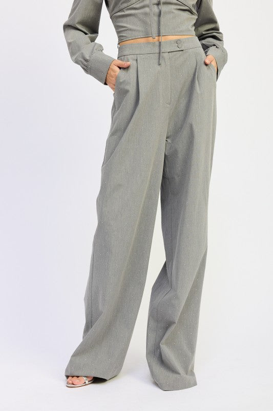 Emory Park Pleated Wide Leg Trousers With Rhinestones in grey fabric featuring side pockets and a relaxed fit