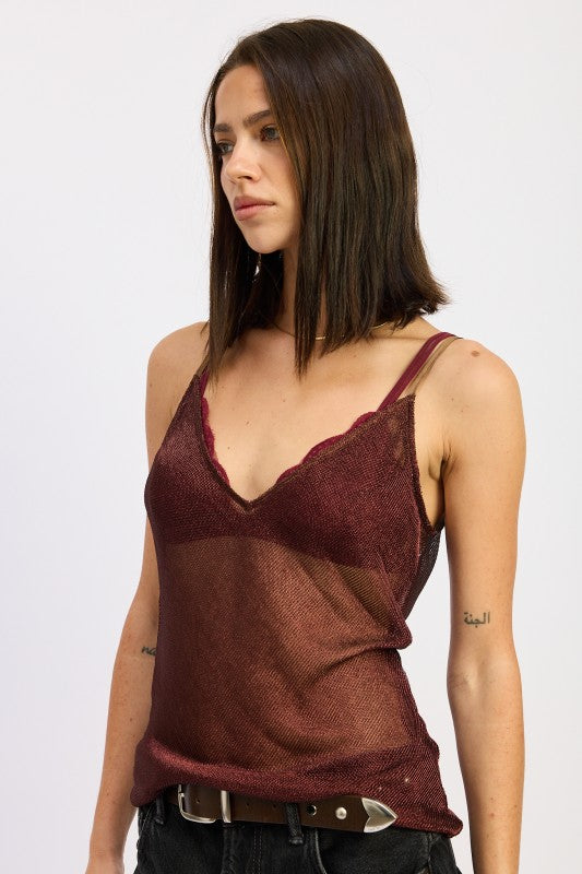 Emory Park Metallic Chainmail Bias Cami Top in Burgundy with Stylish Scalloped Edges