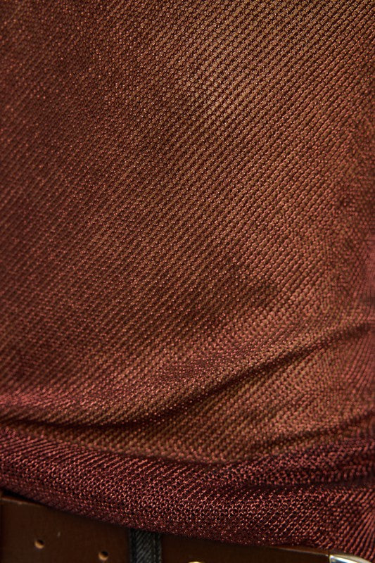Close-up of Emory Park Metallic Chainmail Bias Cami Top showcasing its rich texture and shimmering fabric