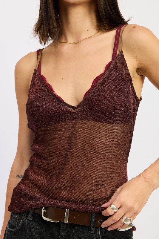 Emory Park Metallic Chainmail Bias Cami Top in burgundy, featuring adjustable straps and a sheer design.
