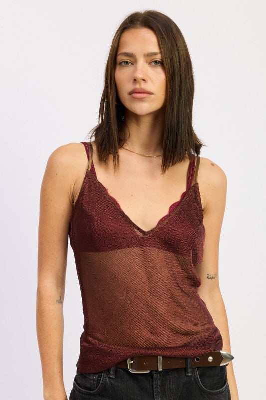 Emory Park Metallic Chainmail Bias Cami Top in Burgundy with Lace Trim and Adjustable Straps