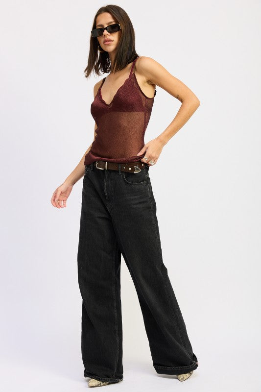 Emory Park Metallic Chainmail Bias Cami Top in burgundy, styled with black wide-leg jeans for a trendy look