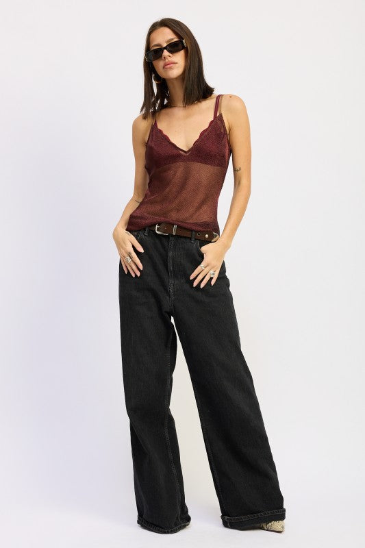 Emory Park Metallic Chainmail Bias Cami Top in burgundy, styled with black wide-leg jeans