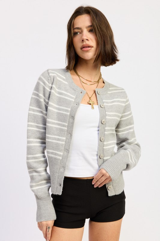 Emory Park Button Down Stripped Cardigan in Grey with Long Sleeves and Casual Fit