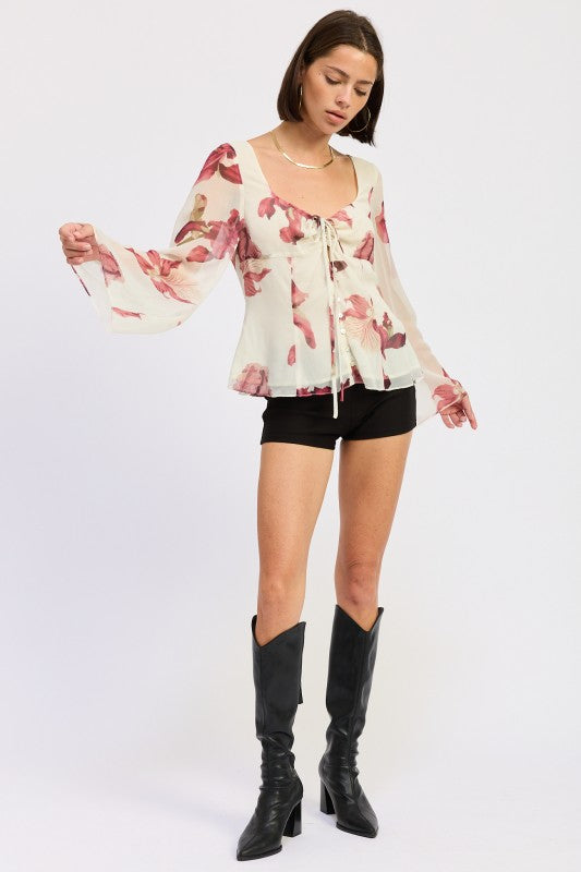 Emory Park Tie Front Long Sleeve Floral Ivory Blouse with Bell Sleeves and Floral Print