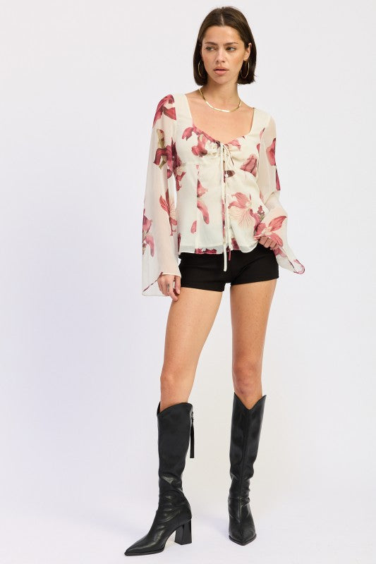 Emory Park Tie Front Long Sleeve Floral Blouse with Sheer Fabric and Elegant Floral Design