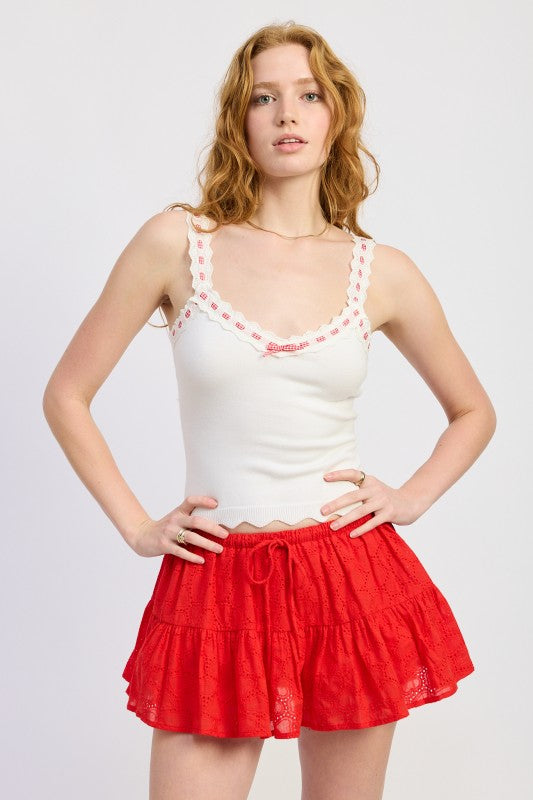 Clara Top | White Knit Tank with Pink Scallop Trim & Bow – Elevate