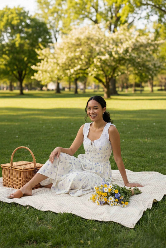 Woman in a Adeline Midi Ivory Floral Eyelet Tiered Dress sitting on a blanket with a picnic basket and flowers in a park.