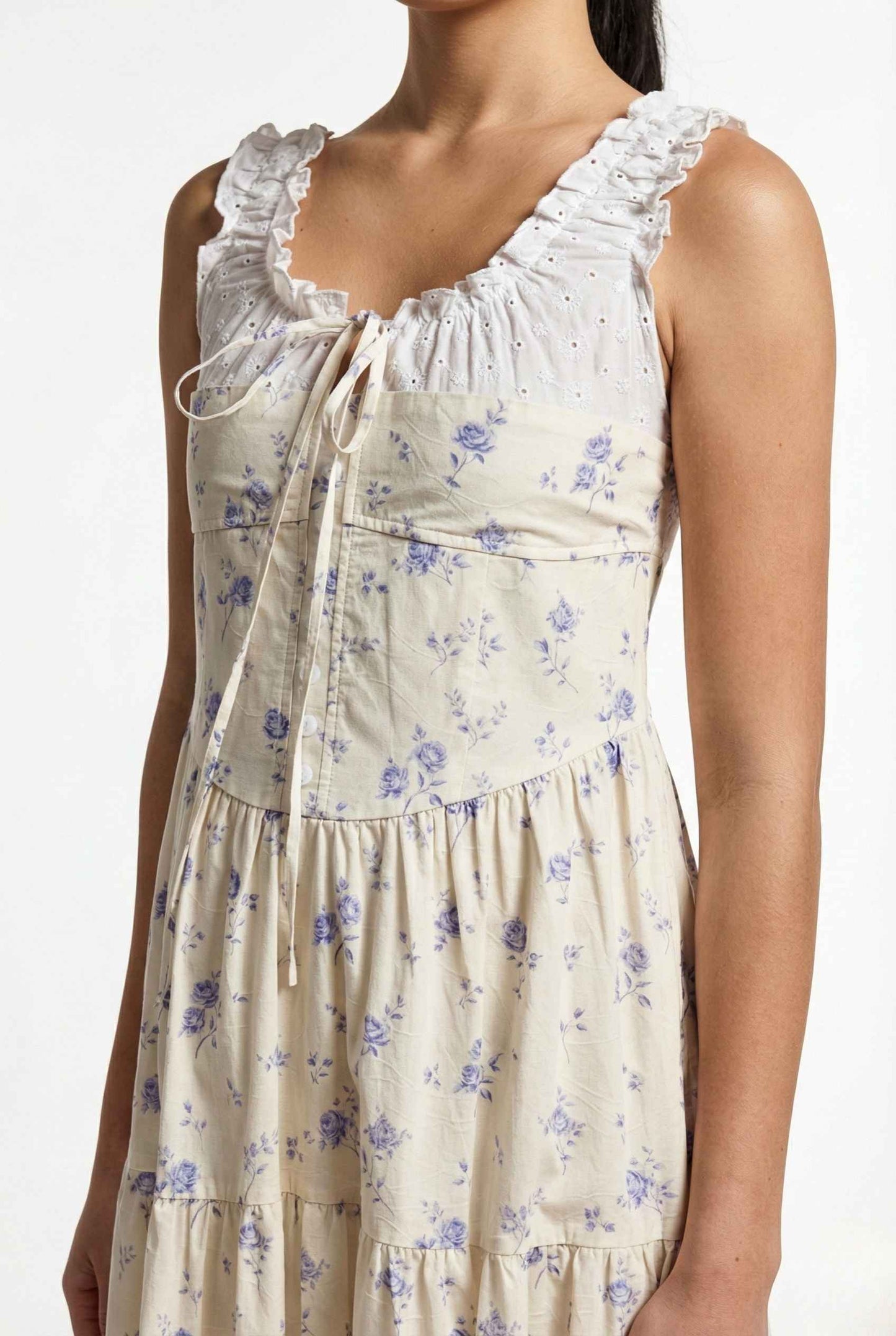 Adeline Midi | Ivory Floral Eyelet Tiered Dress with ruffled details on a white background