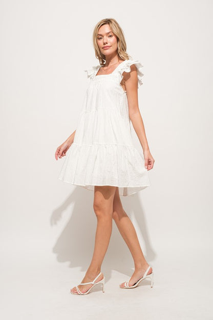 Origami Pleating Ruffled Sleeve Tiered Dress