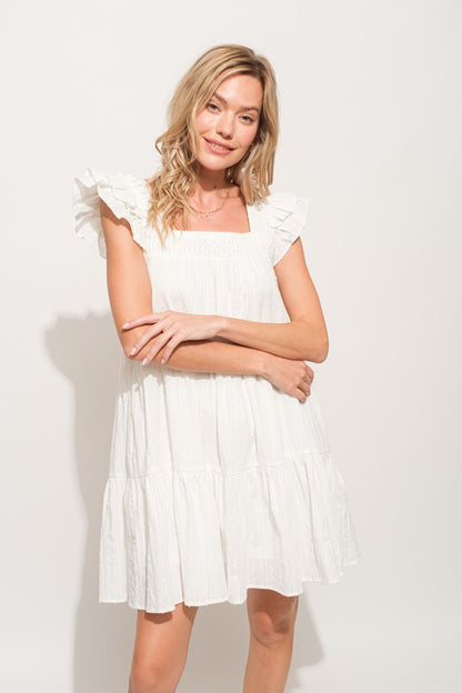 Origami Pleating Ruffled Sleeve Tiered Dress