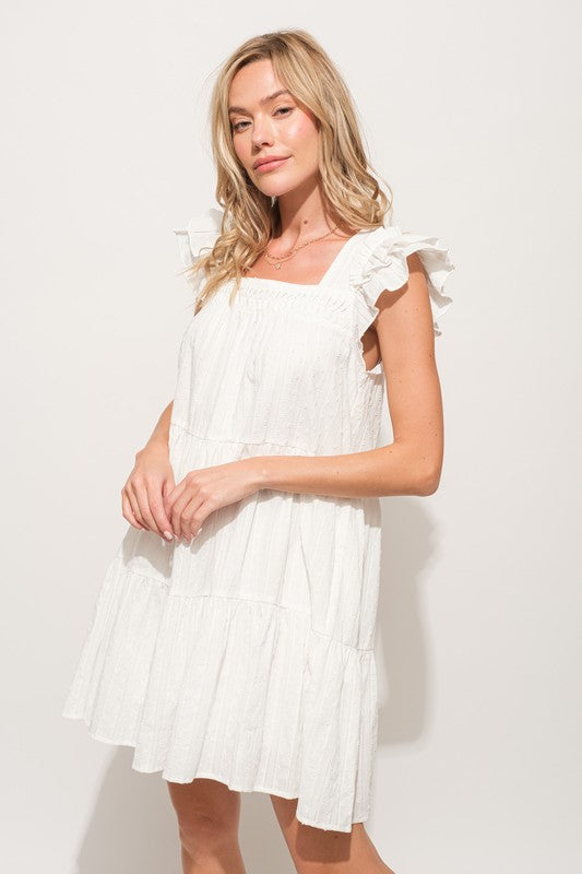 Origami Pleating Ruffled Sleeve Tiered Dress