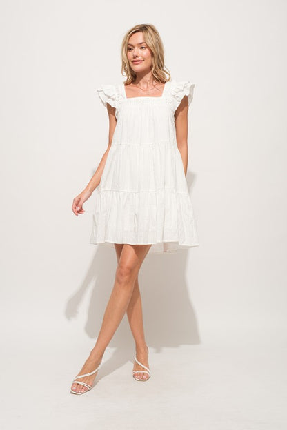 Origami Pleating Ruffled Sleeve Tiered Dress