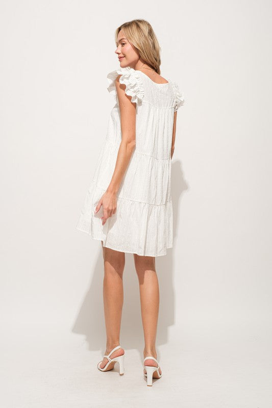 Origami Pleating Ruffled Sleeve Tiered Dress