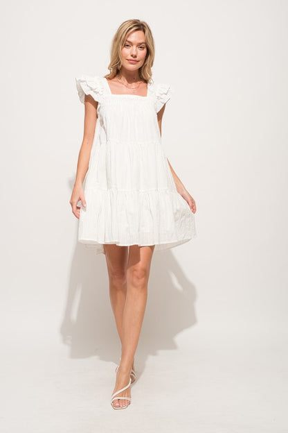 Origami Pleating Ruffled Sleeve Tiered Dress