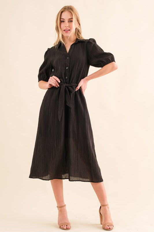 Waffle Textured Ribbon Waist Midi Dress