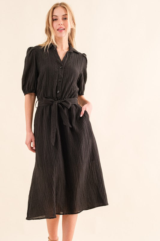 Waffle Textured Ribbon Waist Midi Dress