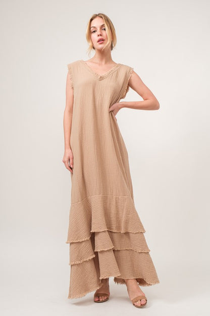 Washed Cotton Gauze Fringe Detail Tiered Dress