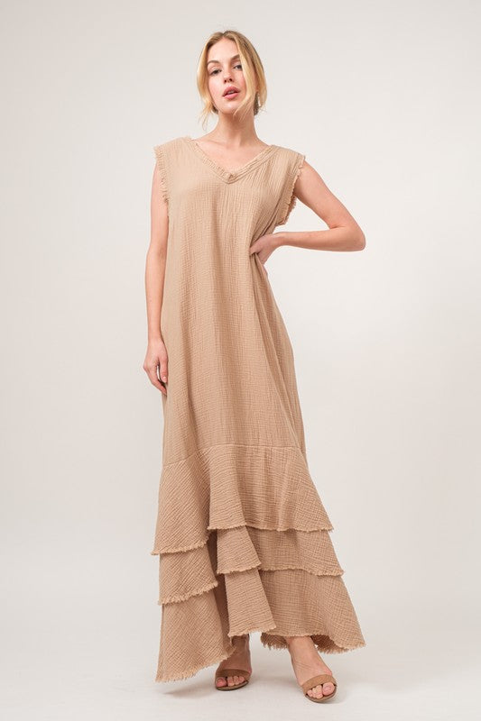 Washed Cotton Gauze Fringe Detail Tiered Dress