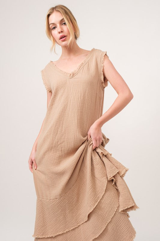 Washed Cotton Gauze Fringe Detail Tiered Dress