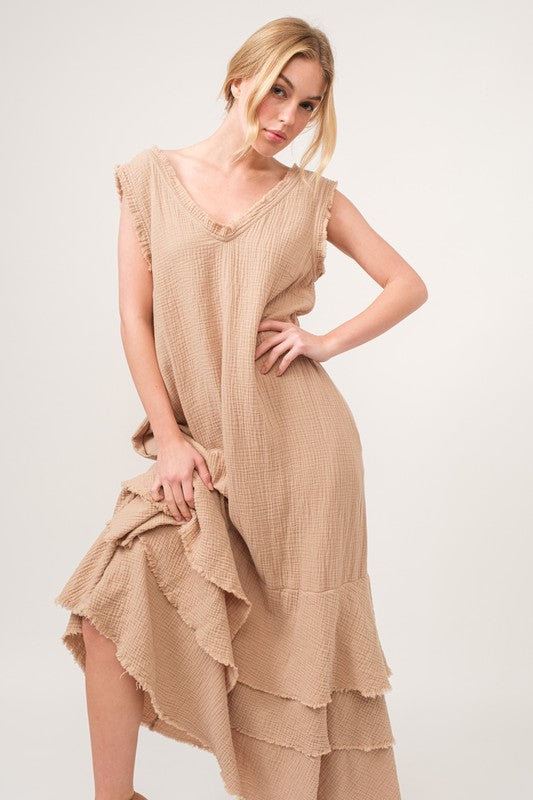 Washed Cotton Gauze Fringe Detail Tiered Dress