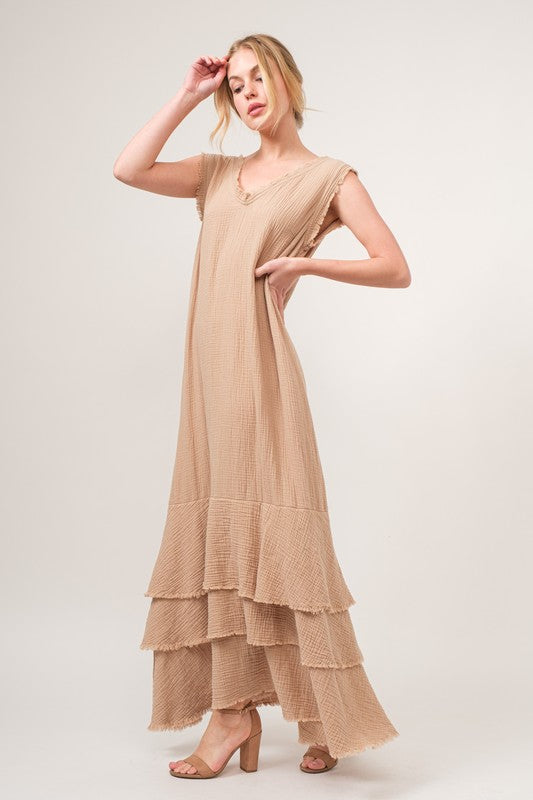 Washed Cotton Gauze Fringe Detail Tiered Dress