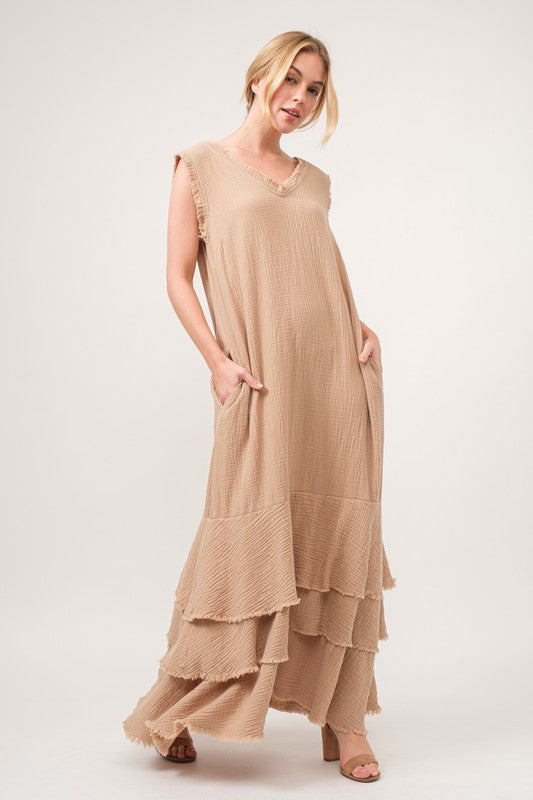 Washed Cotton Gauze Fringe Detail Tiered Dress