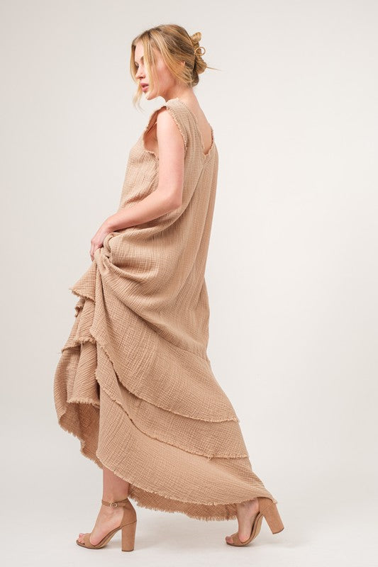 Washed Cotton Gauze Fringe Detail Tiered Dress