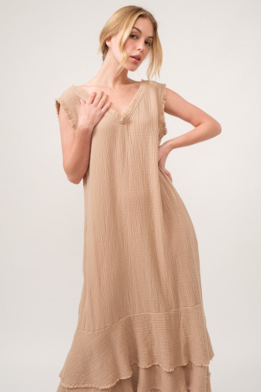 Washed Cotton Gauze Fringe Detail Tiered Dress
