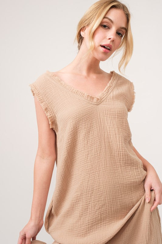 Washed Cotton Gauze Fringe Detail Tiered Dress