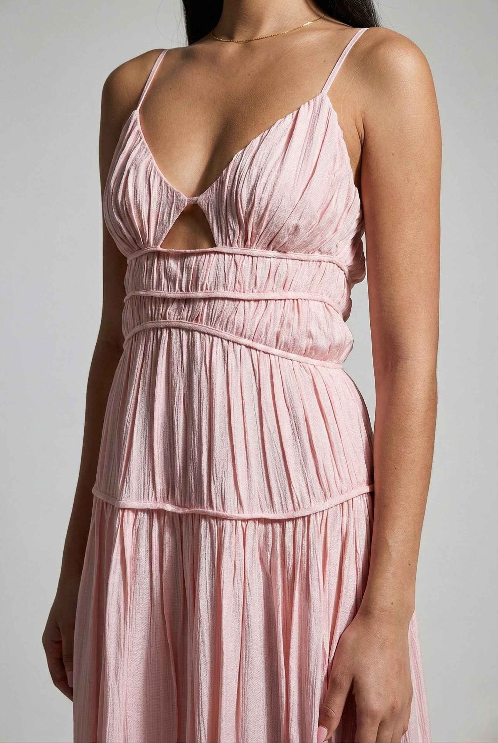 Aria Maxi Pink Tiered Cutout Dress with thin straps on a plain background