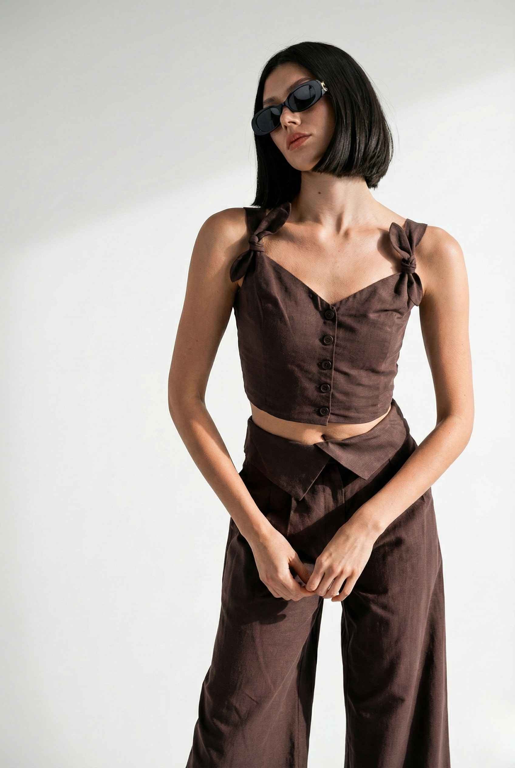 Aria Top Chocolate Linen Blend Button Front Tie Crop Top
