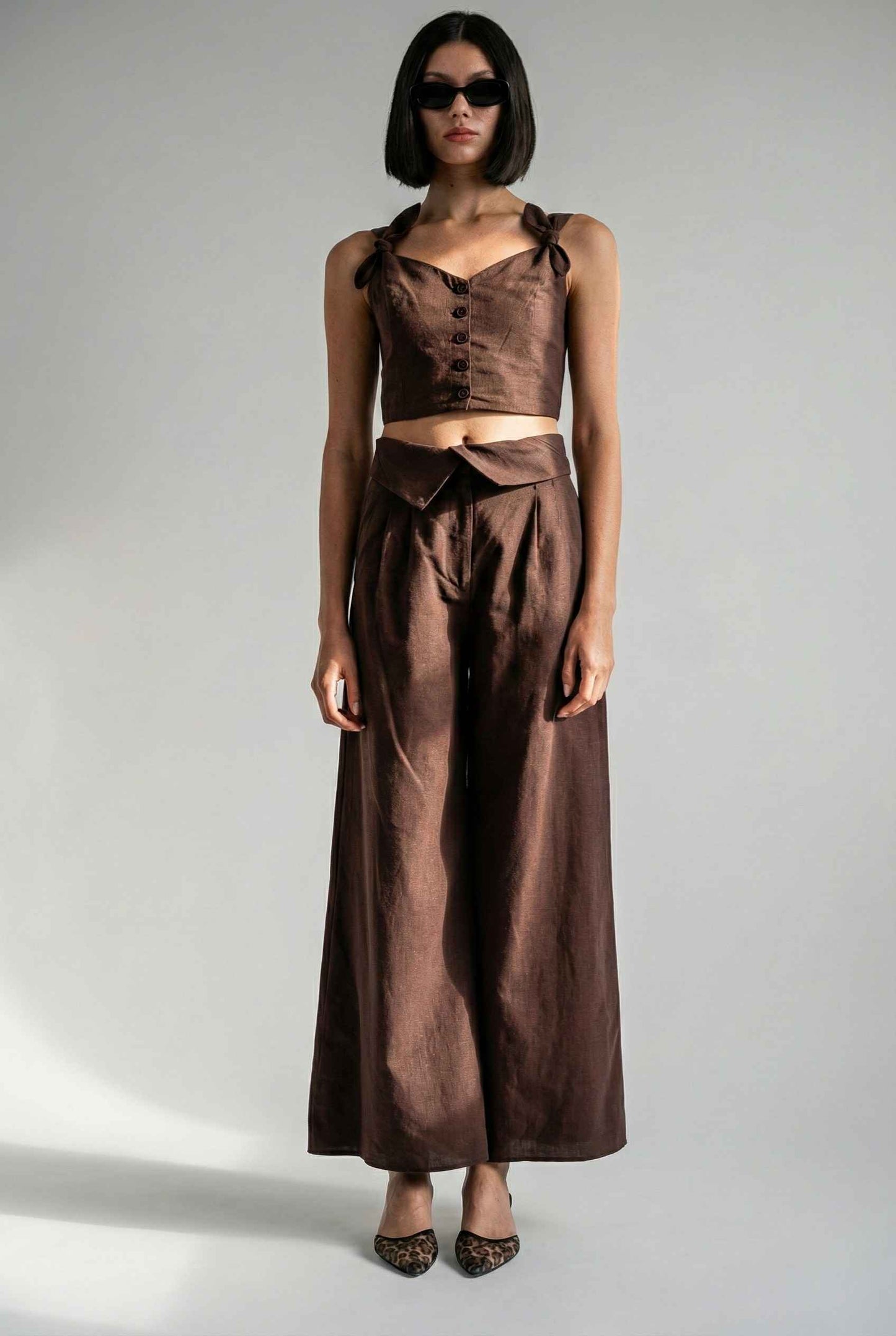 Aria Top Chocolate Linen Blend Button Front Tie Crop Top