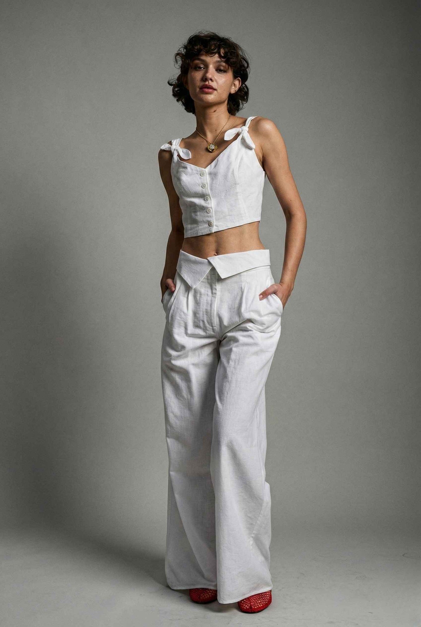 Aria Top White Linen Blend Button Front Tie Crop Top