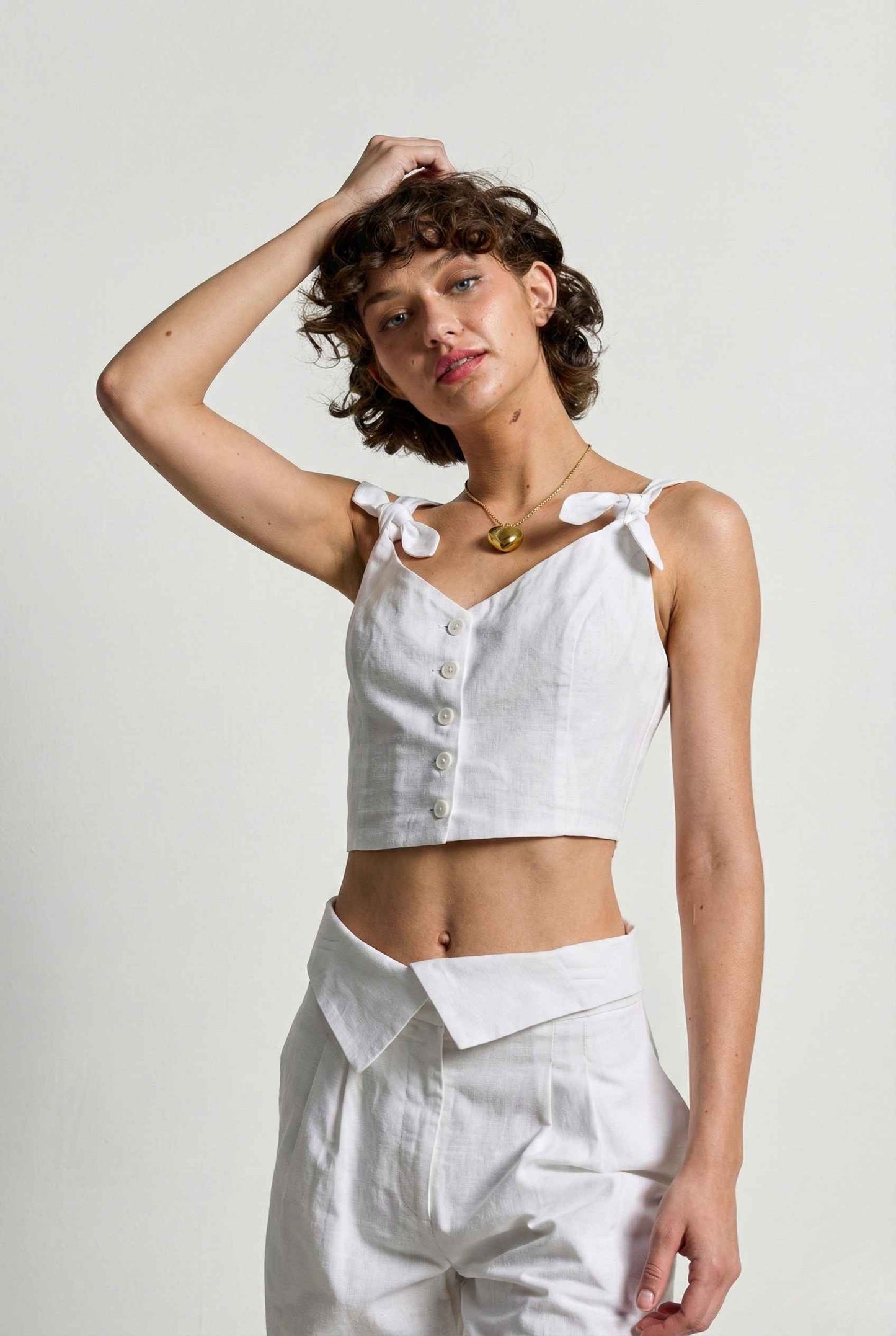 Aria Top White Linen Blend Button Front Tie Crop Top