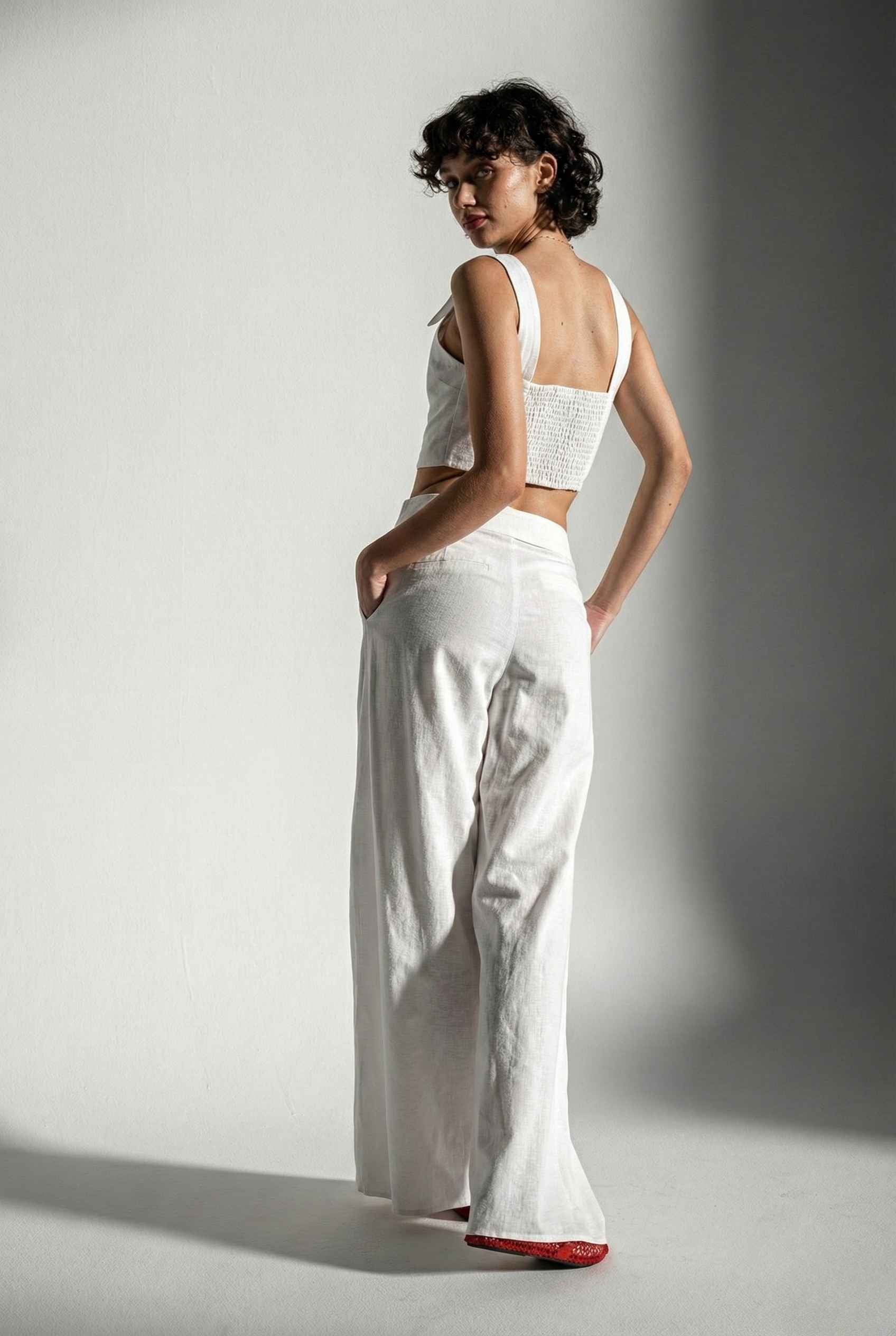 Aria Top White Linen Blend Button Front Tie Crop Top back