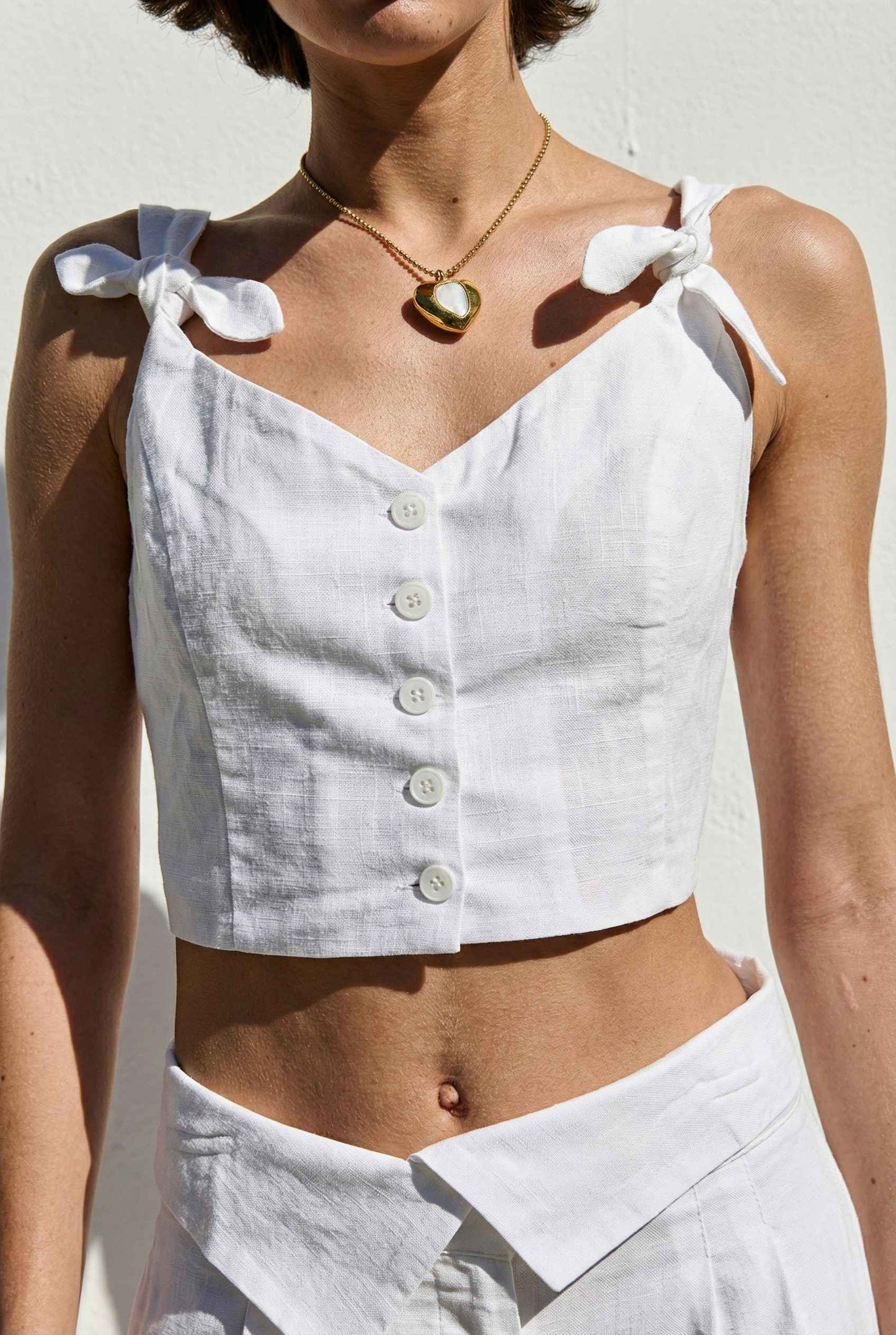 Aria Top White Linen Blend Button Front Tie Crop Top close up
