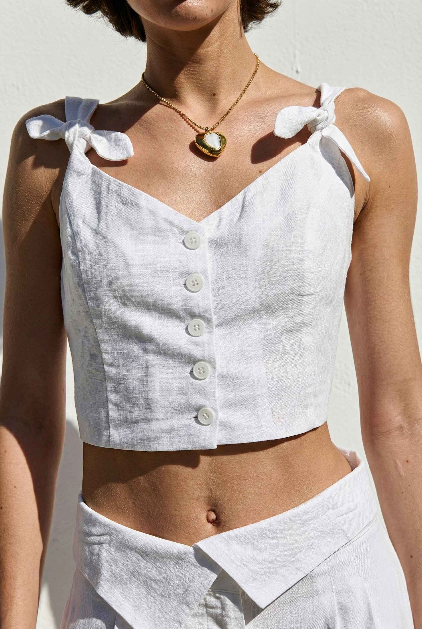 Aria Top White Linen Blend Button Front Tie Crop Top close up