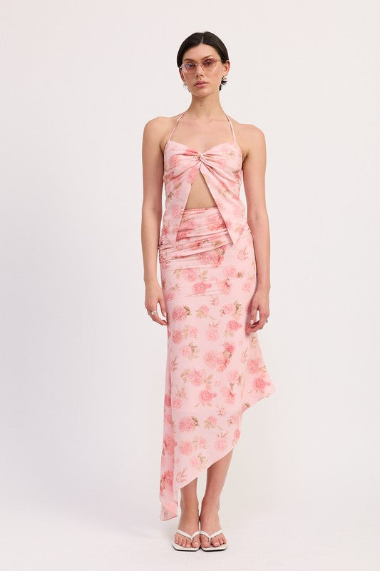 Emory Park asymmetrical ruched mermaid skirt in pink floral pattern styled with matching top