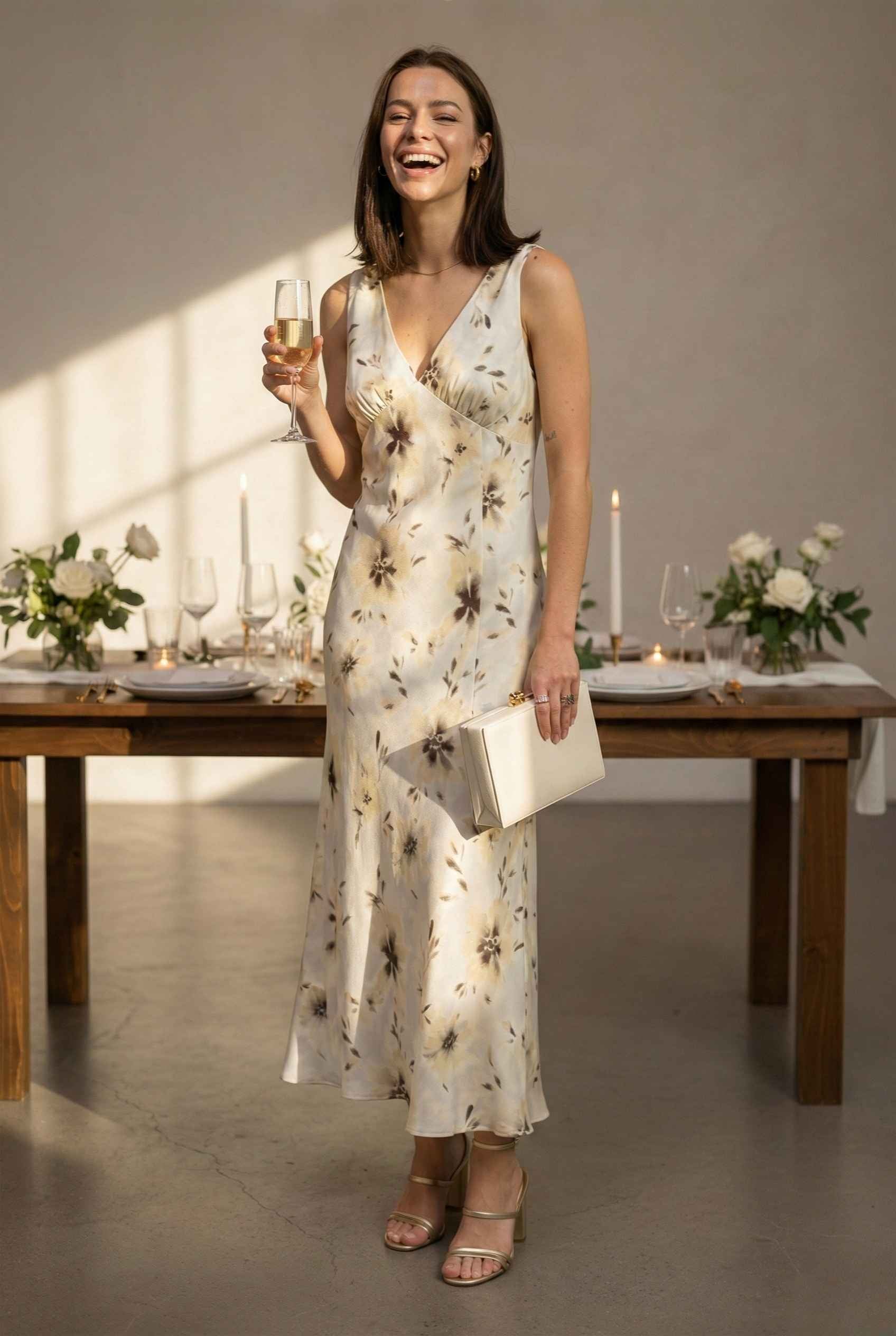 Model wearing Aurelia Midi Ivory Sepia Floral V-Neck Slit Dress with heels and clutch holding a drink at wedding reception