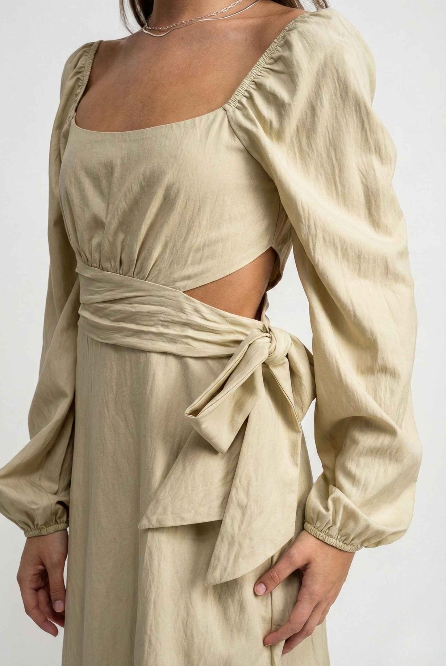 Aurelia Mini Sage Long Sleeve Cutout Dress with cutout design and tied waist