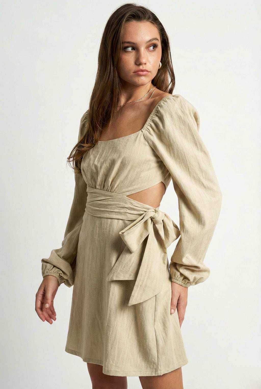 Aurelia Mini | White & Sage Long Sleeve Cutout Dress White / L