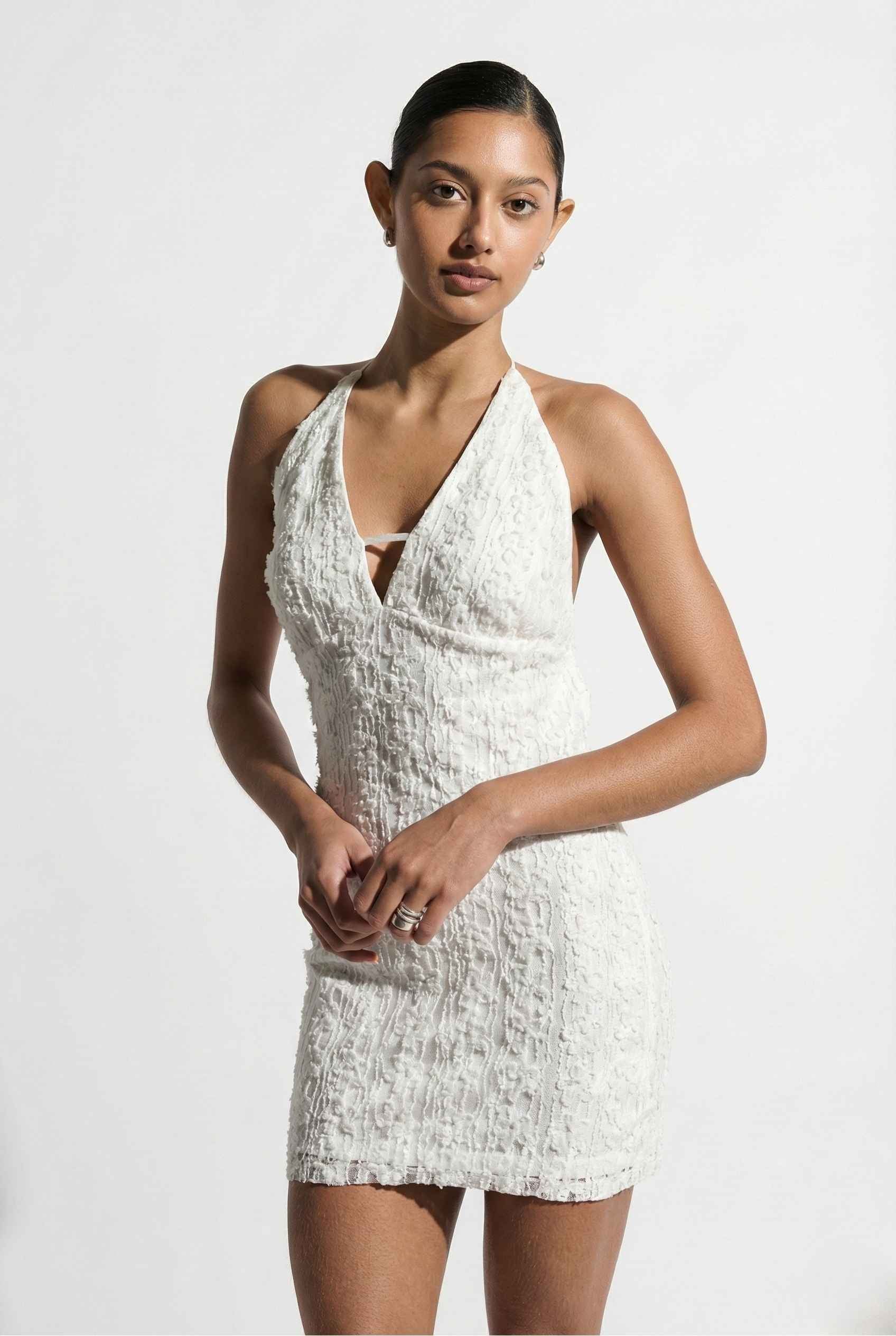 Bianca Mini | Ivory Sequin Plunge Halter Dress Ivory / S Bianca Mini | Ivory Sequin Plunge Halter Dress Ivory / S