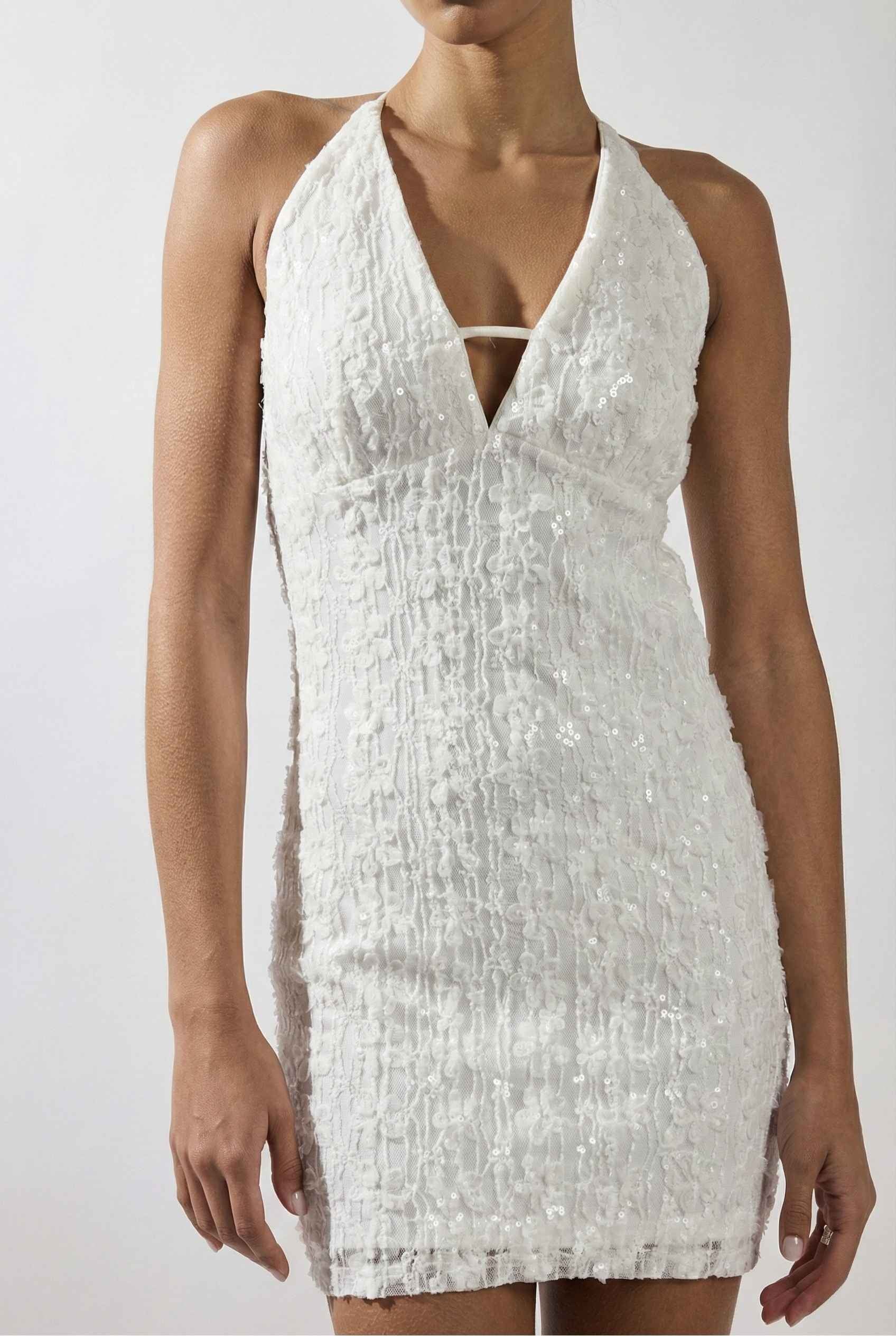 Bianca Mini Ivory Sequin Plunge Halter Dress on a white background