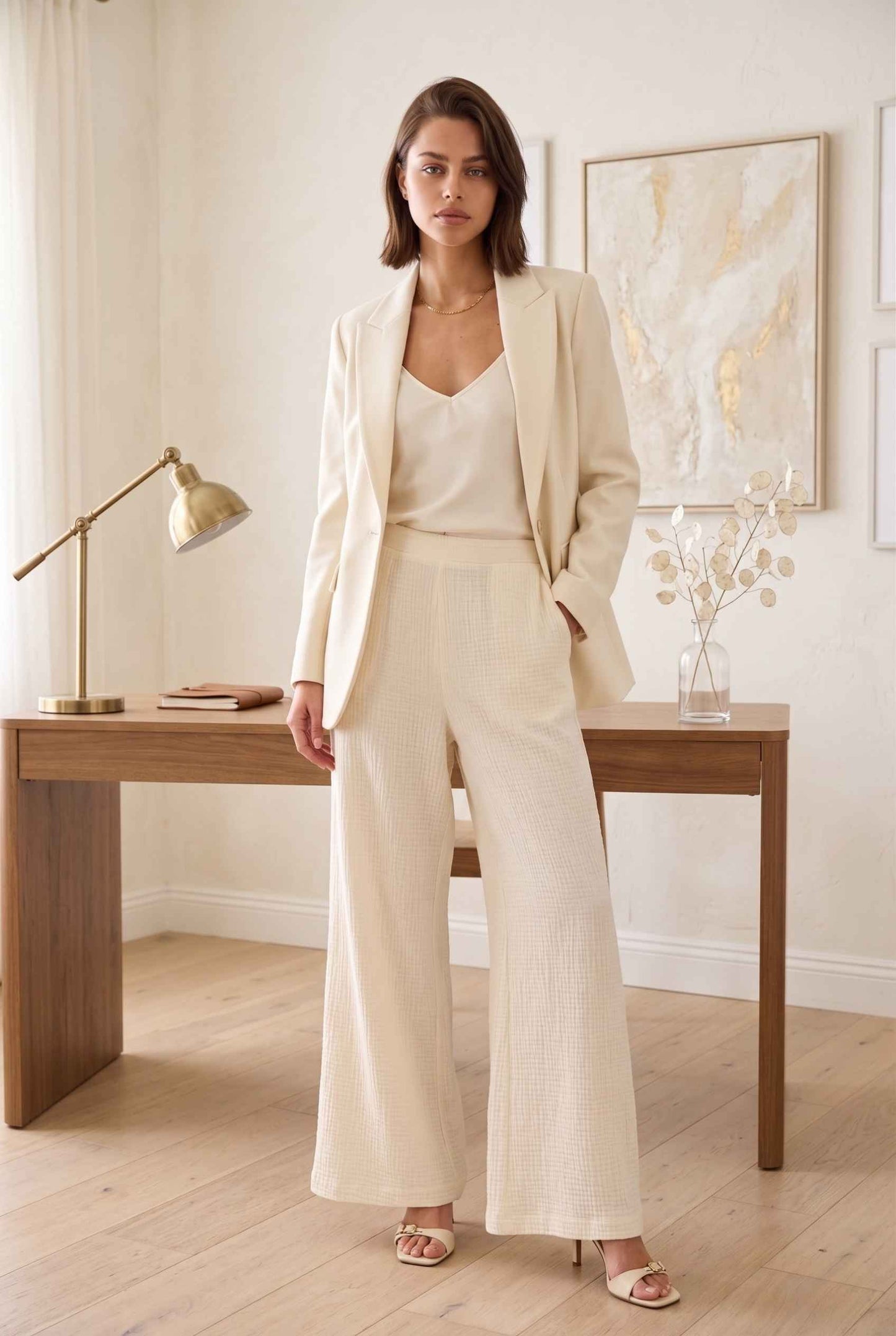 Model wearing Celine High-Waisted Gauze Pant 100% Cotton Wide-Leg Resort Pant in Off White paired with silk camisole and blazer with open toe heels posing in minimalist office