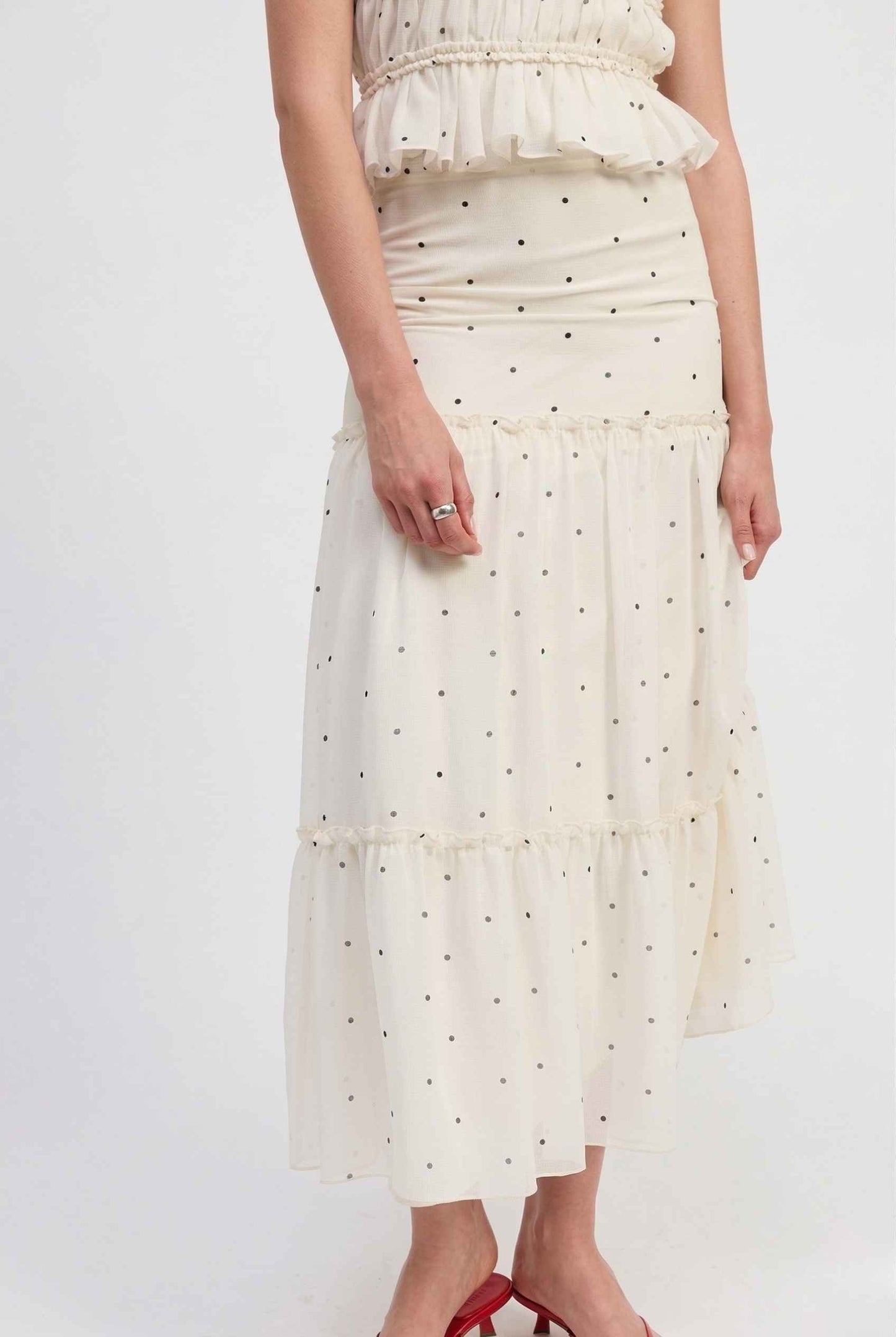 Clara Skirt White Tiered Ruffle Polka Dot Midi Skirt with polka dots on a white background
