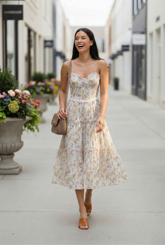 Model wearing Clementine Midi Cream Floral Corset Tiered Dress with slides and handbag laughing walking down luxury outdoor shopping street