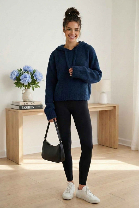 Model wearing Cleo Top in Navy Fuzzy Wool-Blend Knit Hoodie with Drawstrings with leggings and sneakers standing in luxury home
