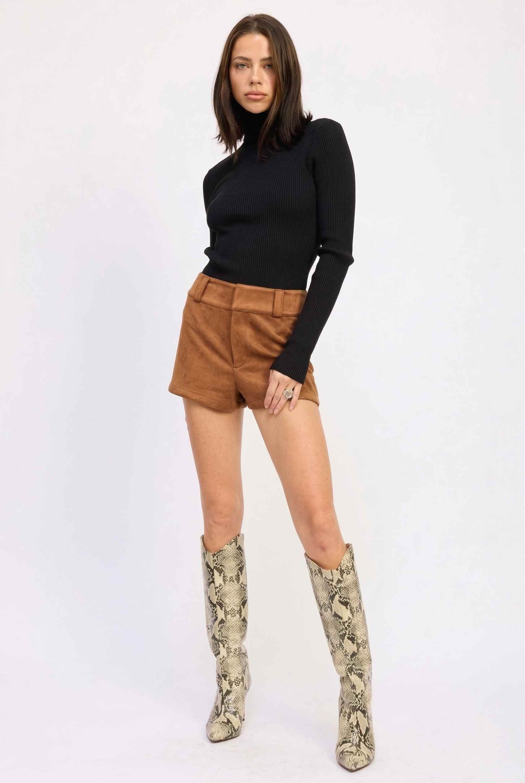 Woman wearing a black turtleneck, Dakota Shorts Brown Faux Suede Low-Rise Mini Shorts, and patterned knee-high boots on a white background