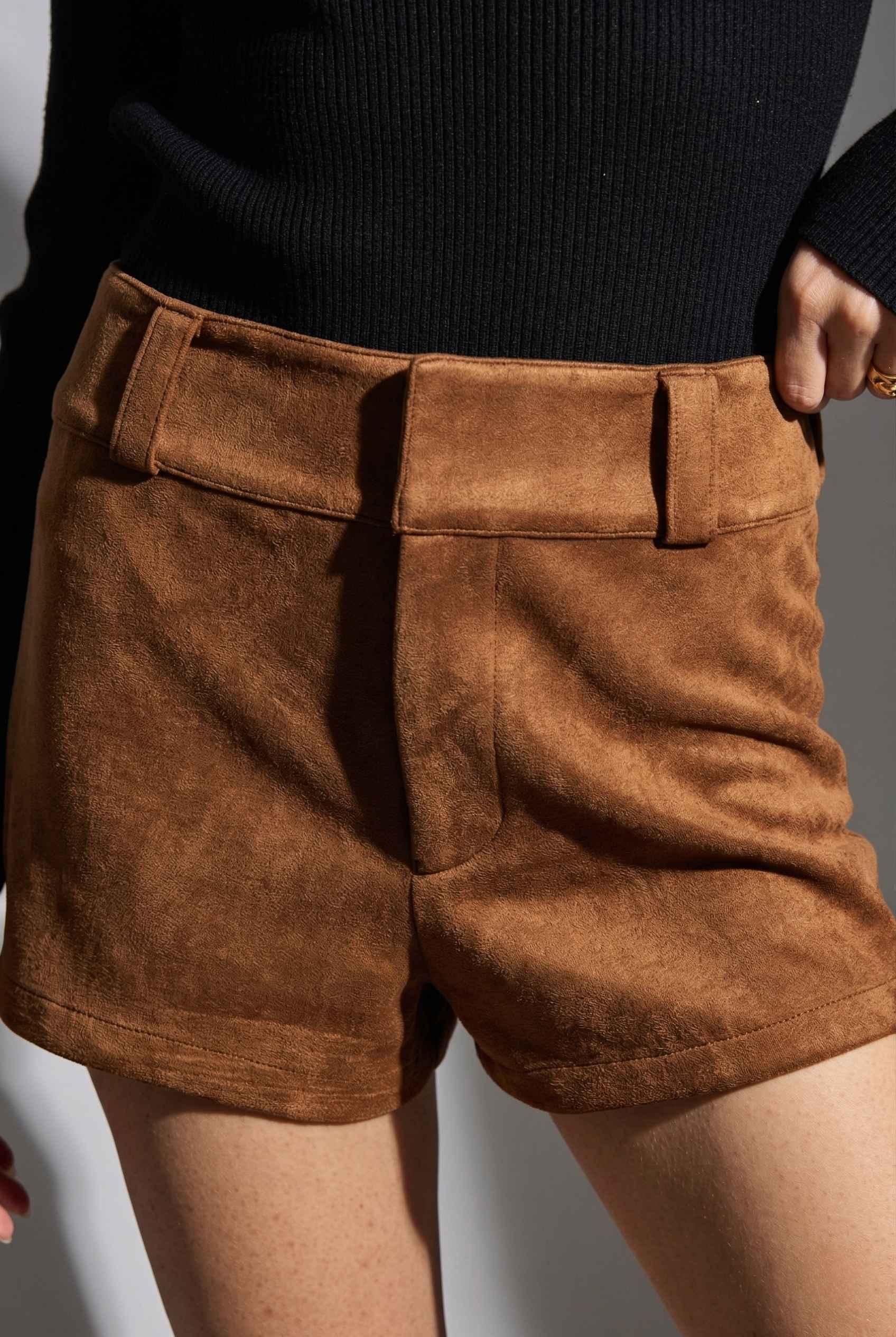 Dakota Shorts Brown Faux Suede Low-Rise Mini Shorts worn with a black top on a neutral background